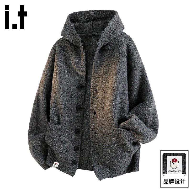 it: CHOCOOLATE慵懒风保暖毛衣男款春秋潮流新款连帽宽松针织外套