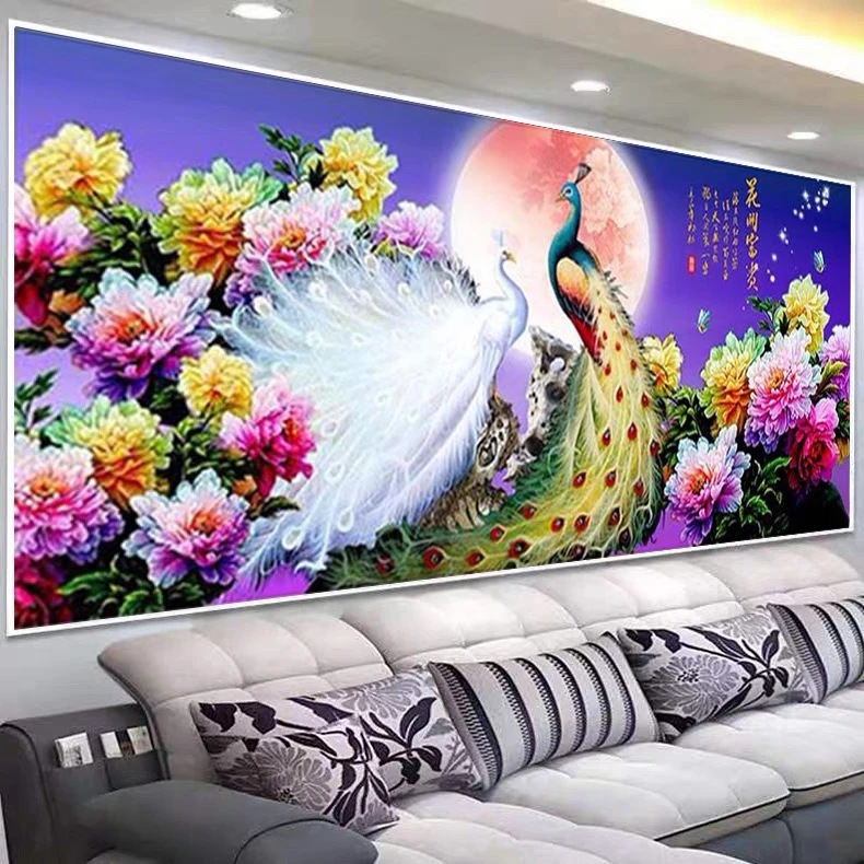 纯手工十字绣成品客厅卧室花开富贵孔雀牡丹花好月圆225×100厘米