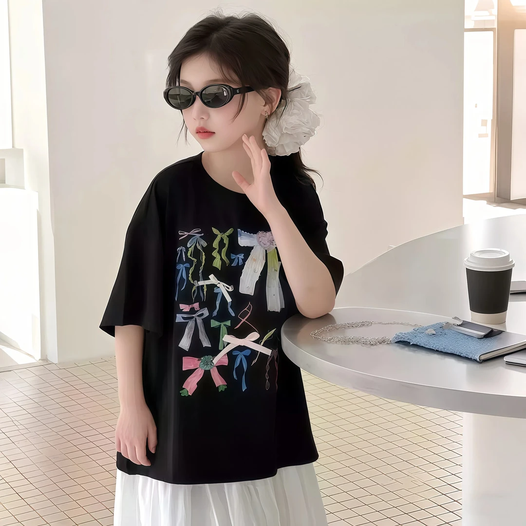 女童超好看短袖T恤夏装2025新款女童夏季黑色半袖百搭体恤上衣服T