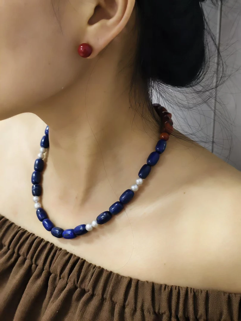 非金属珐琅项链 红蓝天然石颈链手工气质