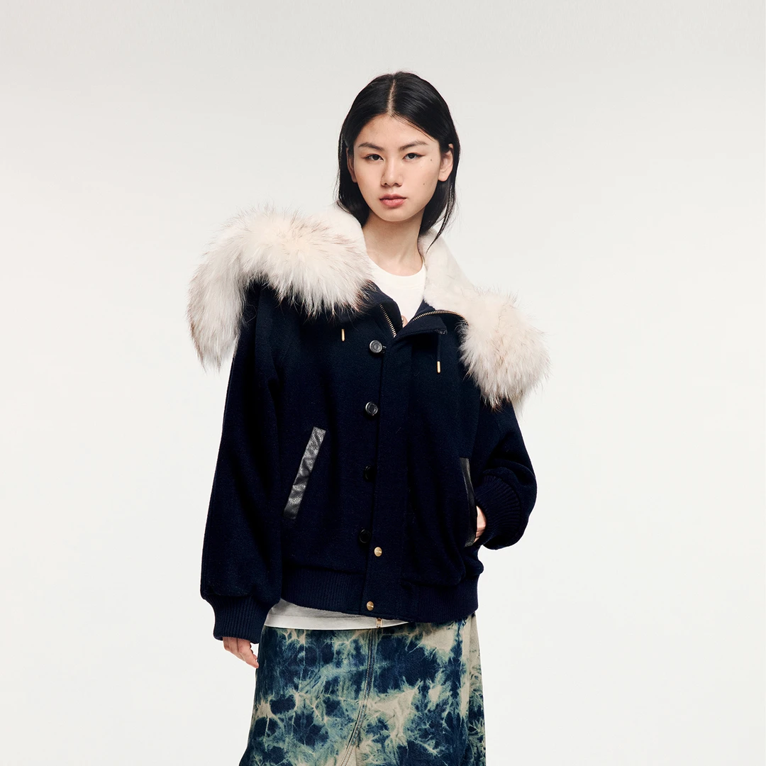 UOOYAA/乌丫「奇幻都市」真毛领N2B飞行夹克毛呢棉服UY25432A119139