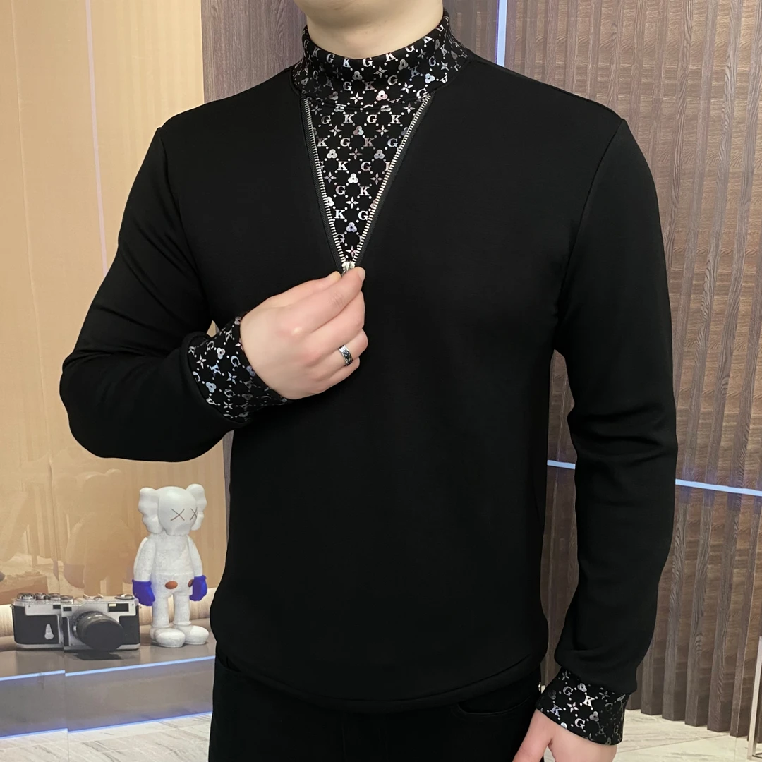 男士秋冬套头假两件长袖时尚休闲空气层加绒打底衫圆领CLY-35