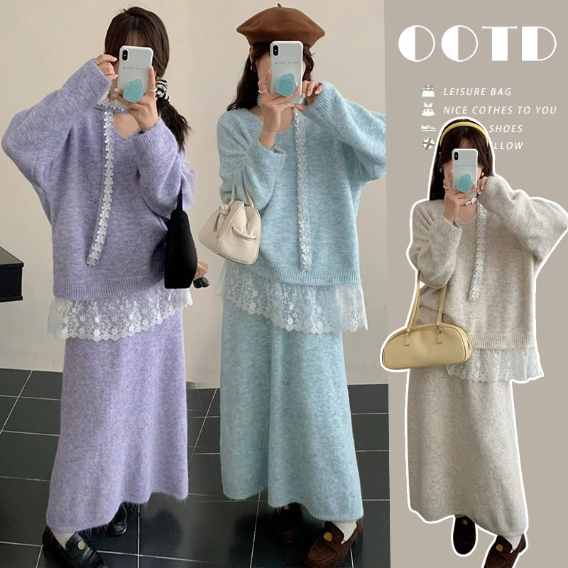 孕妇秋冬套装2025新款韩版慵懒风蕾丝拼接毛衣+半身裙两件套