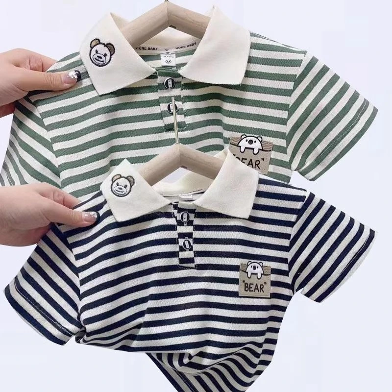 夏季童装新款短袖POLO薄款儿童翻领T恤宝宝休闲条纹男女儿童上衣