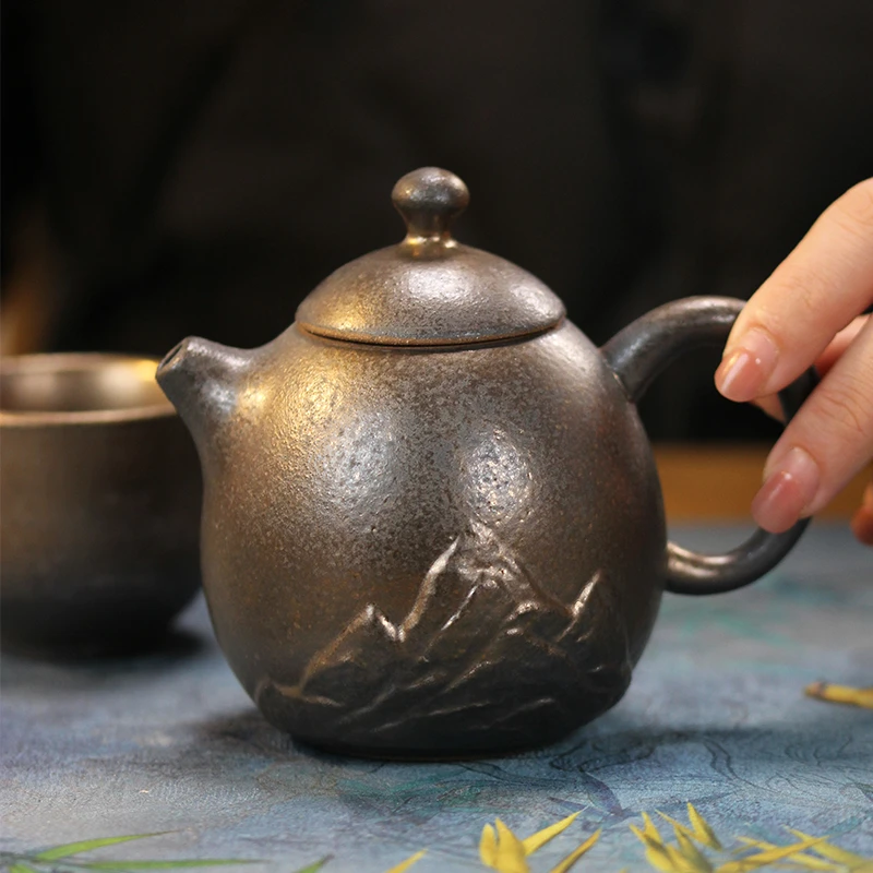乌金玄石壶手工茶壶纯手工刻绘茶具原矿茶盏泡茶壶茶杯茶道龙蛋壶