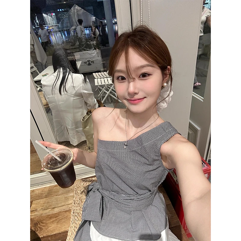 复古不规则斜肩吊带背心绑带显瘦上衣大摆白色半身裙小众拼接长裙