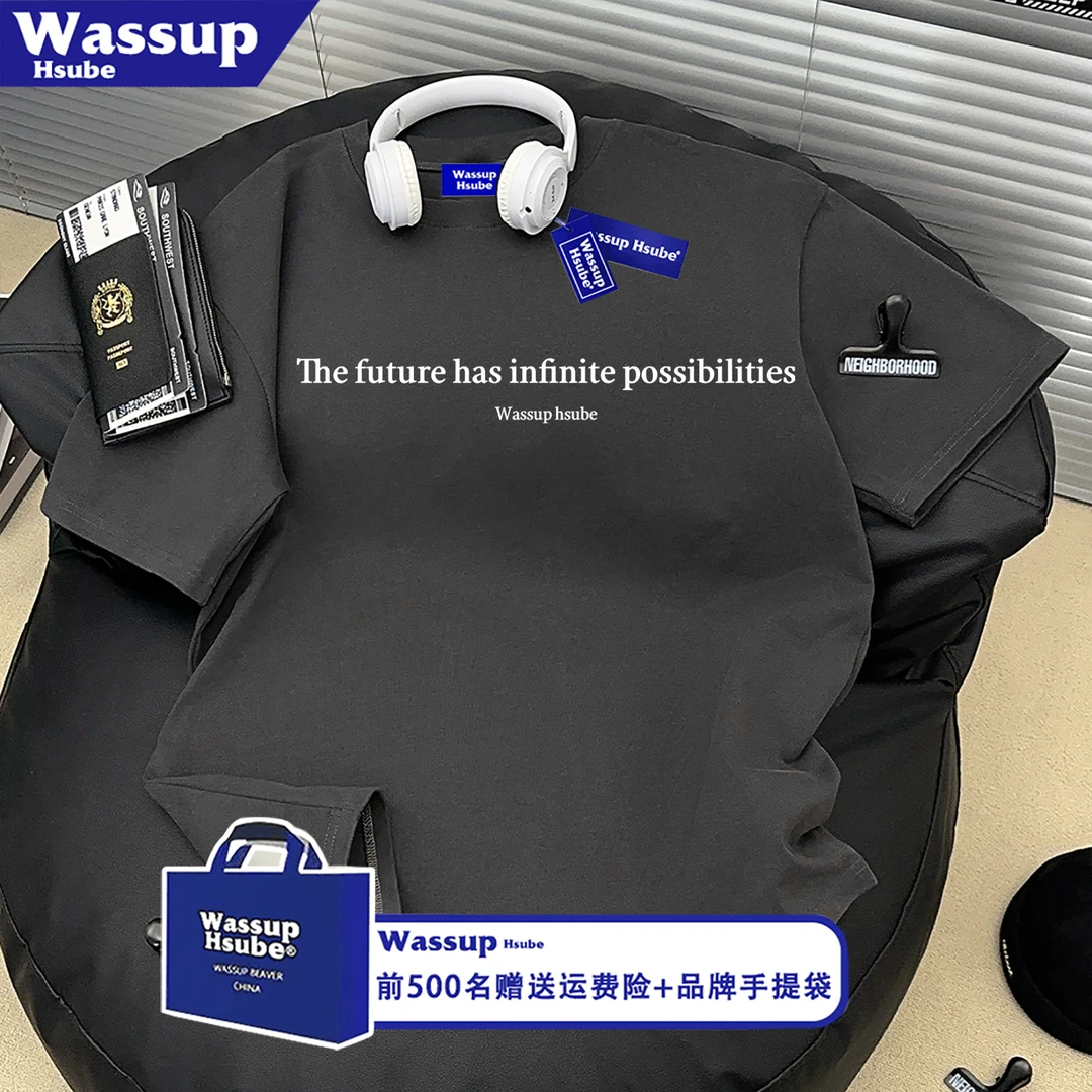 WASSUP HSUBE国潮牌宽松纯棉短袖男美式高街圆领半袖上衣T恤女