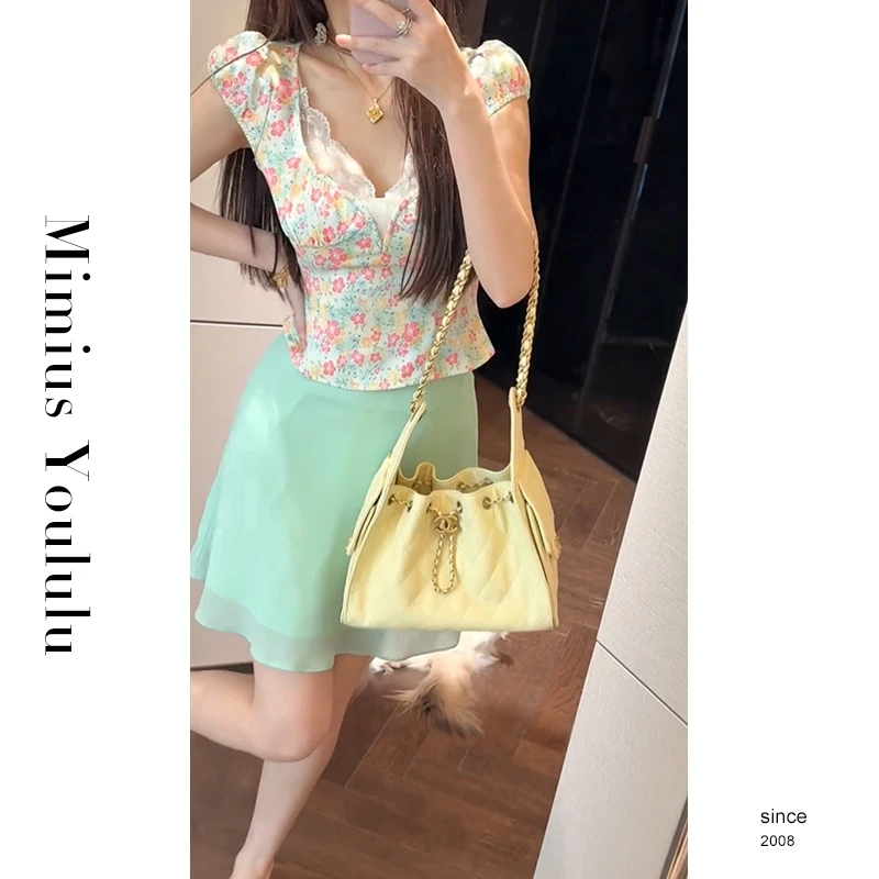 【mimius】肉肉 纯欲甜美蕾丝拼接碎花上衣+裙裤(正腰) G05625