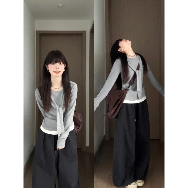 MARIE.COCO韩系松弛感穿搭百搭假两件T恤上衣秋季新款休闲阔腿裤