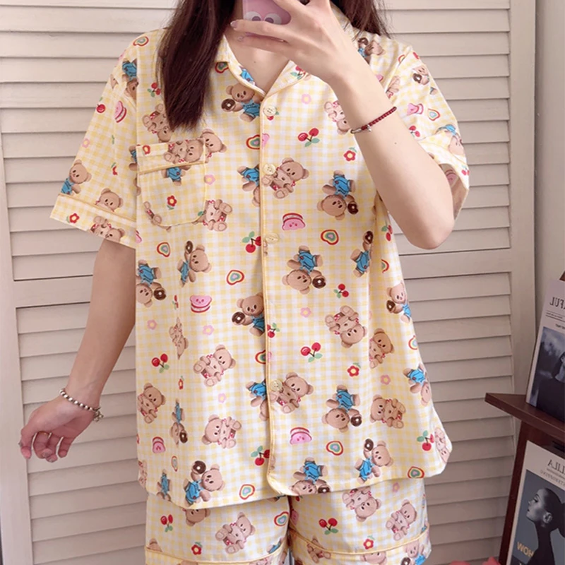 2025新款小熊睡衣女春秋长袖夏季短袖套装可爱卡通格子家居服