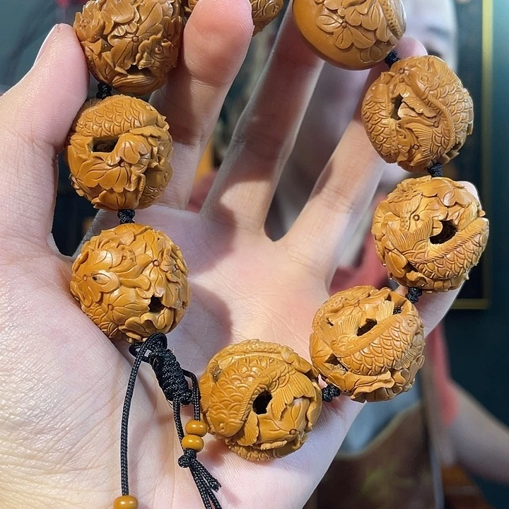 6***顺橄榄核手串/手链镂空手工荷花鱼九黎