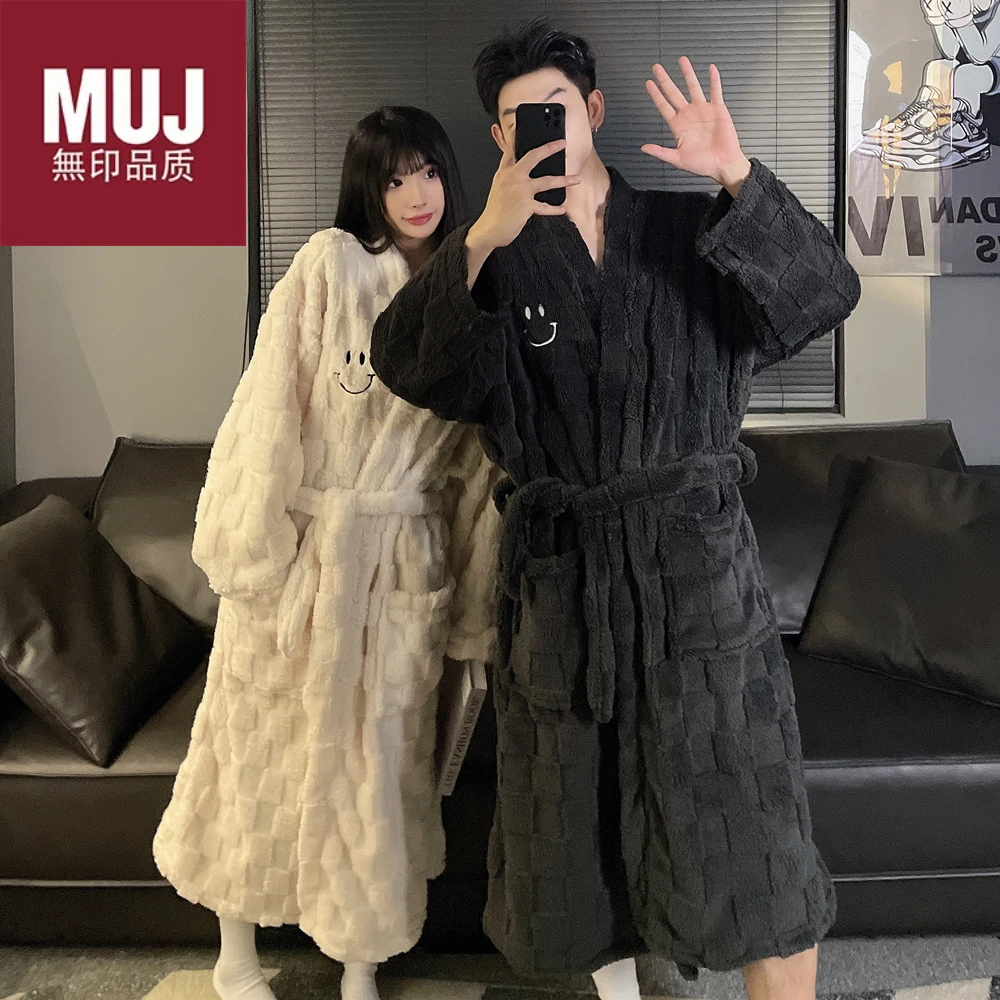 无印MUJ正品法兰绒睡袍男士秋冬季加绒加厚珊瑚绒浴巾浴衣亲肤暖