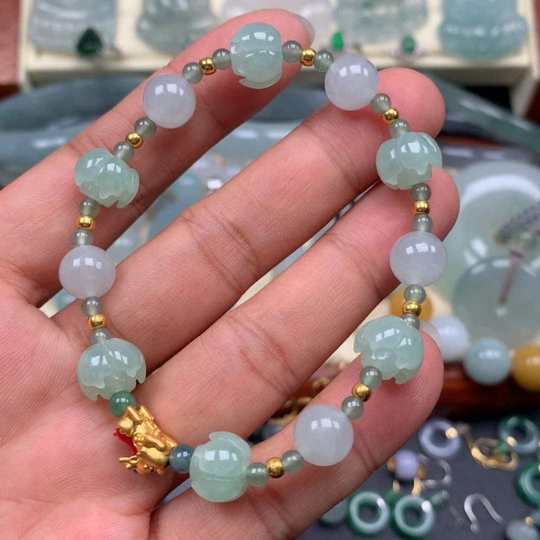 足金镶嵌手链翡翠莲花串