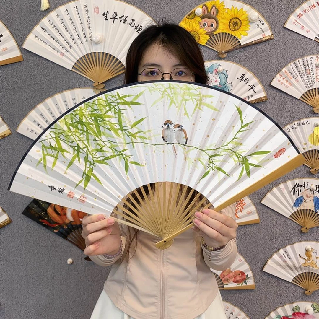 书法95寸玉竹-纯手绘-文玩扇骨（默认粘好）