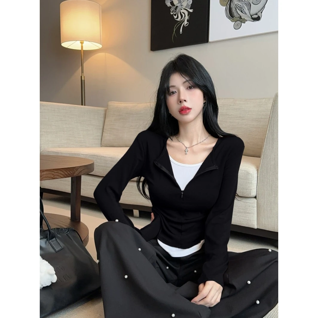 通勤基础款假两件半开领长袖T恤收腰显瘦撞色上衣女出游服装女