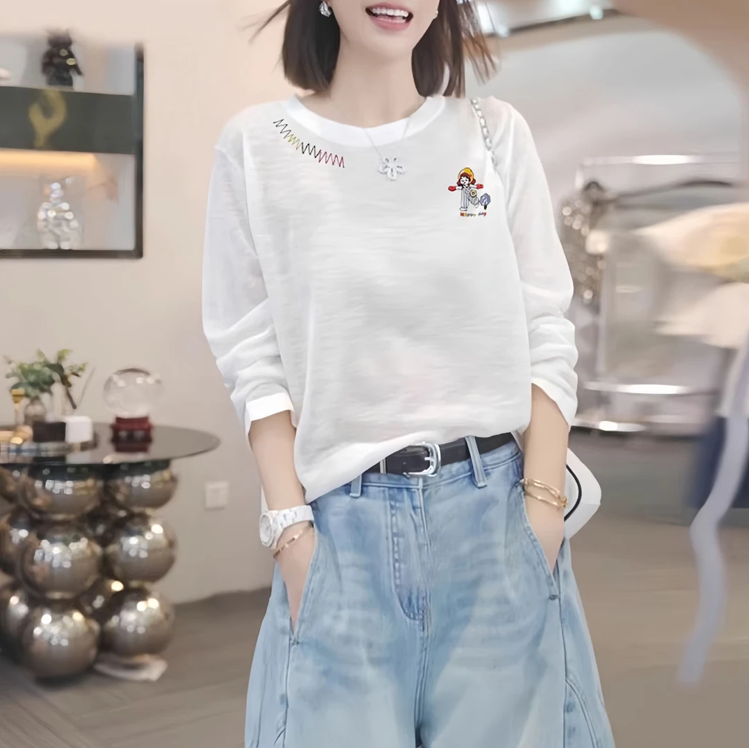 高级感白色长袖t恤女2025秋季薄款雪花棉防晒长袖罩衫漂亮上衣服