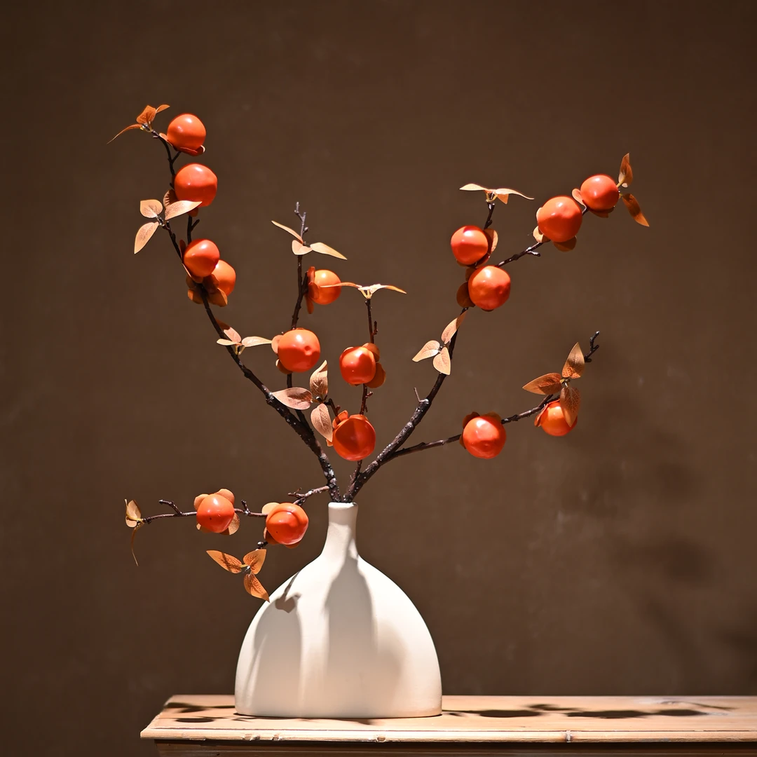 柿柿如意仿真柿子果实树枝花瓶摆件客厅插花装饰佳品
