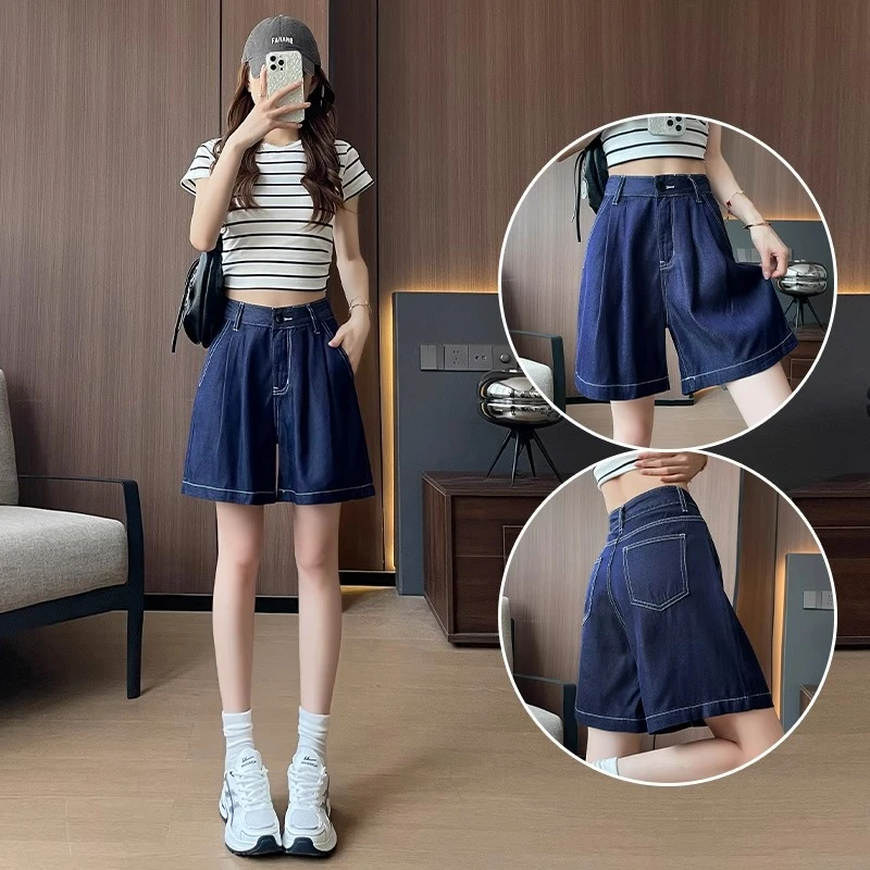 高腰牛仔短裤女款夏天薄款显瘦款丹宁蓝胖mm遮肉宽松直筒热裤子潮