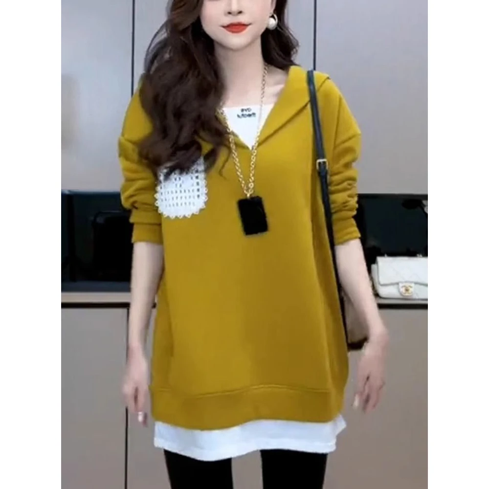 现货~胖mm大码秋季韩版中长款洋气卫衣女宽松显瘦假两件长袖上衣