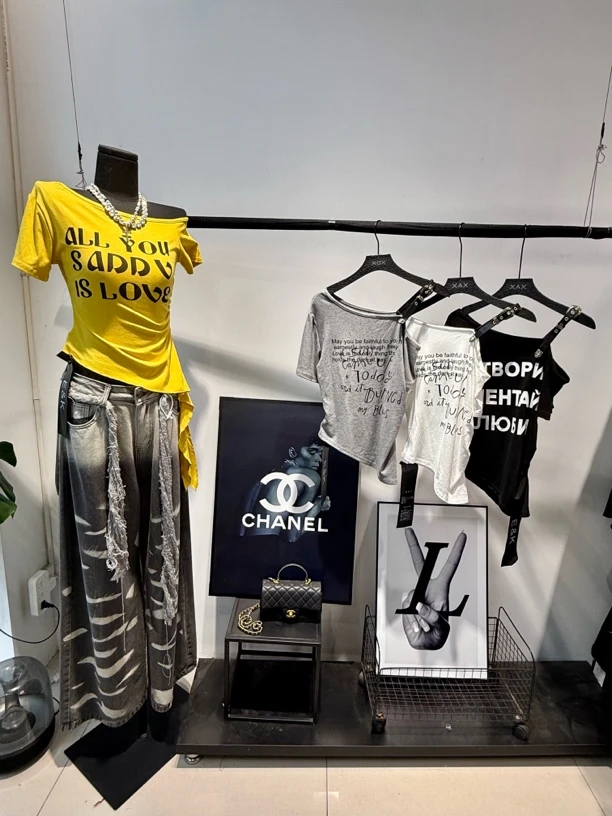 短袖渐变少女风斜领INS风吸汗T恤服装夏季网红春夏