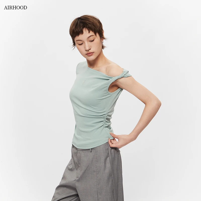 AIRHOOD 辣妹露肩短袖T恤女斜肩扭结褶皱短款露脐显廋上衣5137
