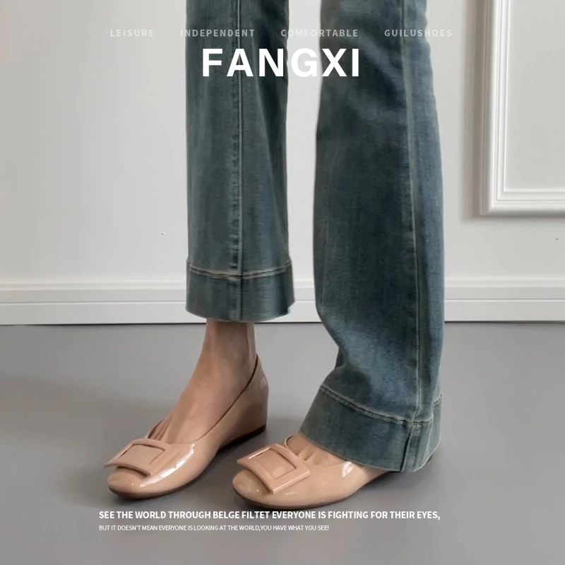 2025年新款法式裸色方扣内增高平底鞋女浅口鞋子百搭方头通勤单鞋