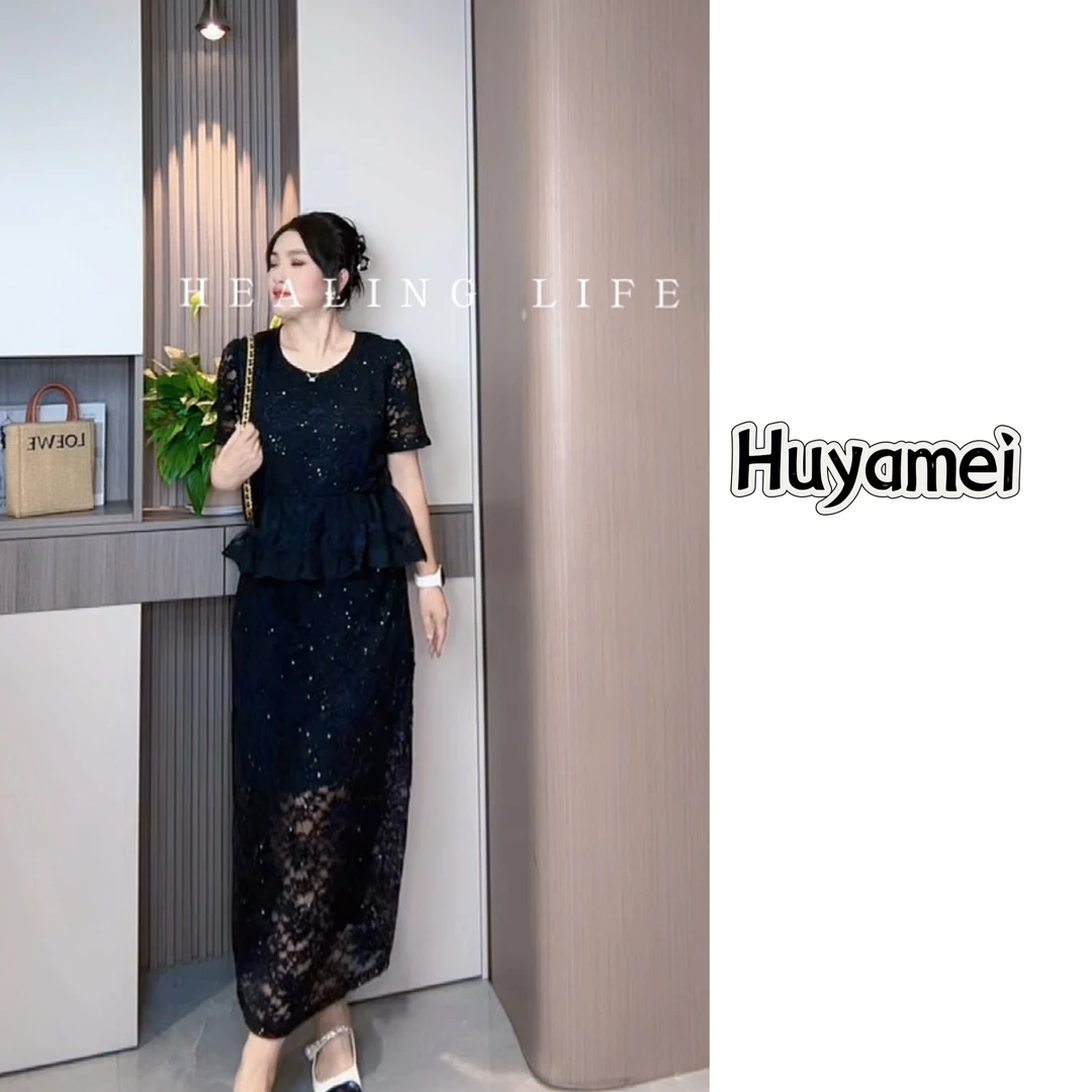 夏季宽松长款蕾丝连衣裙法式风格显瘦洋气有气质假两件