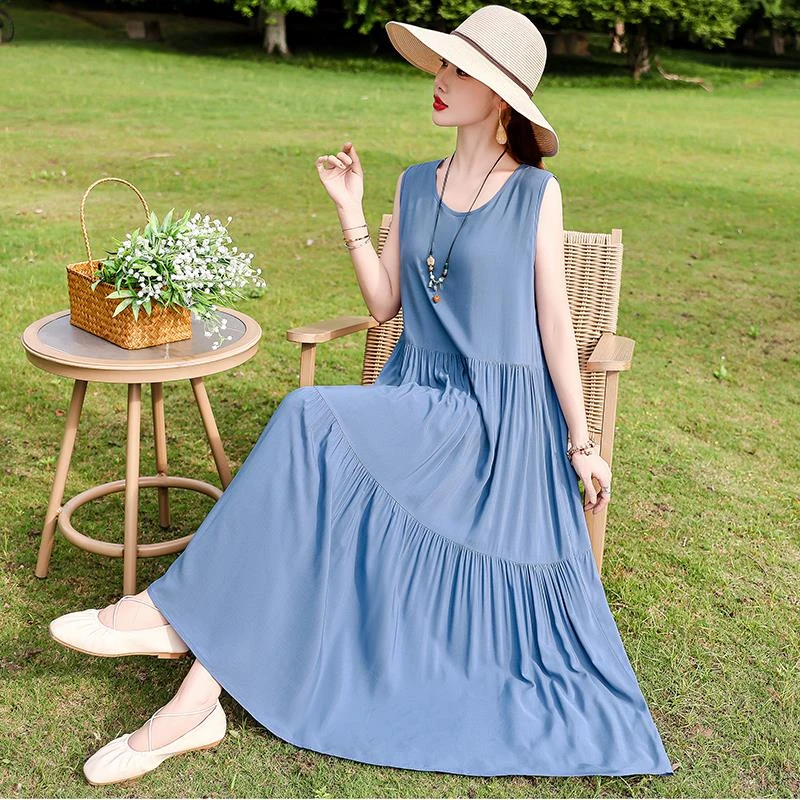 法式高级感连衣裙女夏季2025新款宽松大码超长款碎花背心裙子