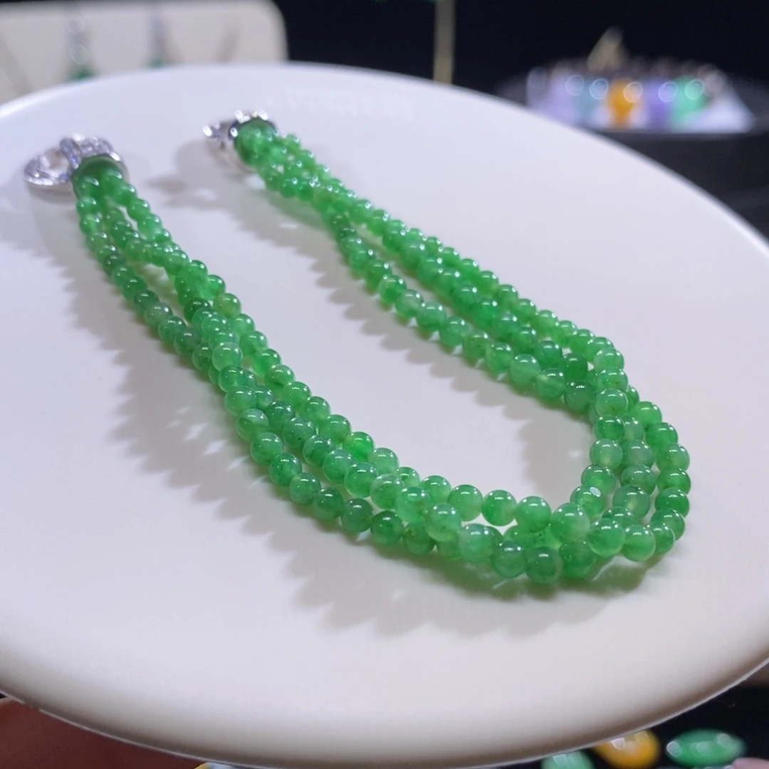 翡翠未镶嵌颈饰翡翠18K金冰满绿小米珠串
