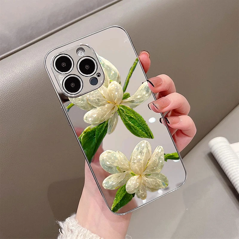水晶花电镀镜面壳适用于苹果16华为荣耀vivo女款oppo小米手机壳