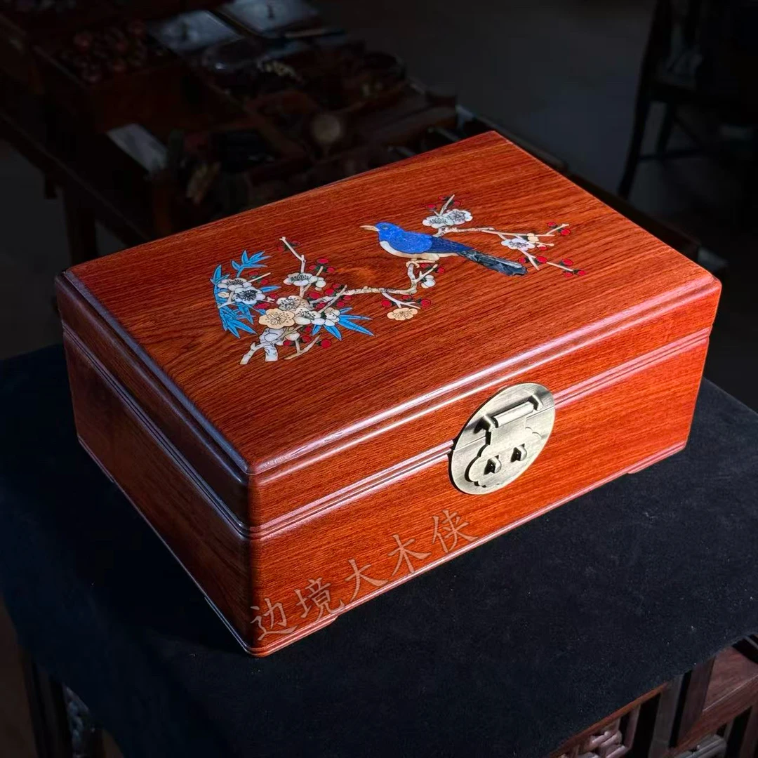 大木侠缅甸花梨喜上眉梢螺钿实木首饰收纳桌面收纳盒