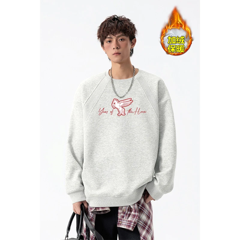 稻草人新款华棉男士休闲重磅卫衣复古情侣撞色秋冬季加绒连帽长袖