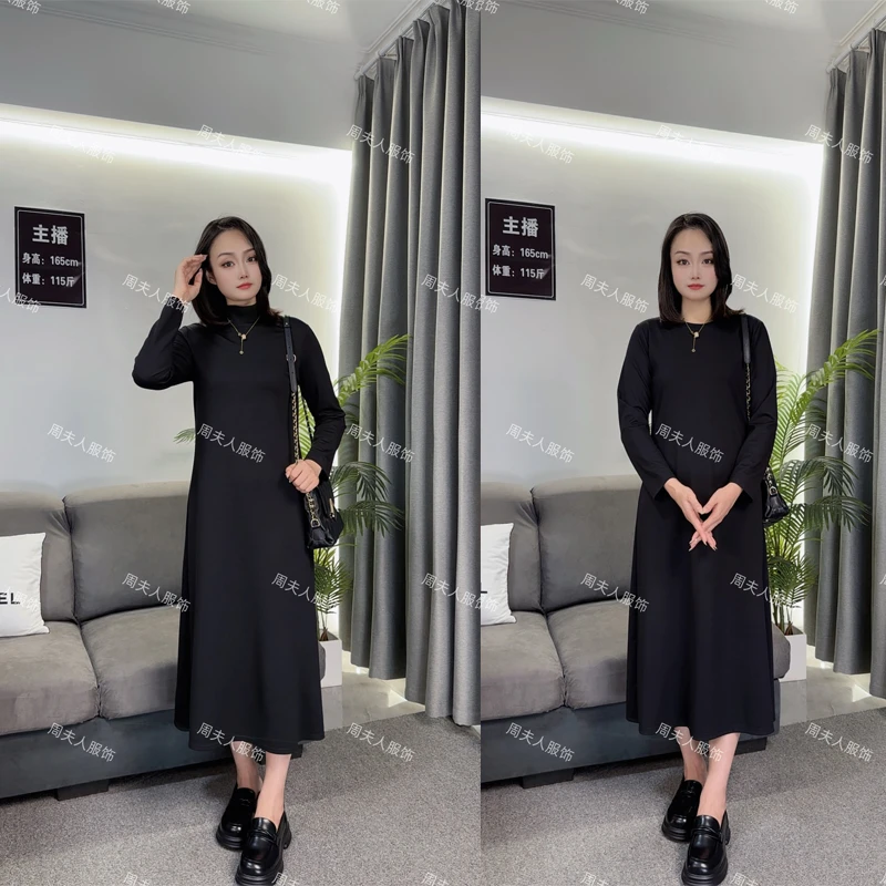 2025年新款韩版时尚休闲显瘦半高领加厚长款打底裙长袖黑色连衣裙