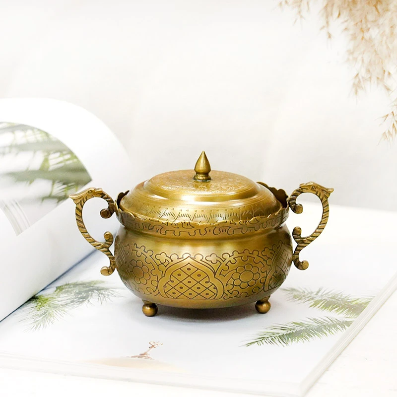 印度进口黄铜双耳把手满雕花含盖收纳盒糖果盒收纳罐摆件