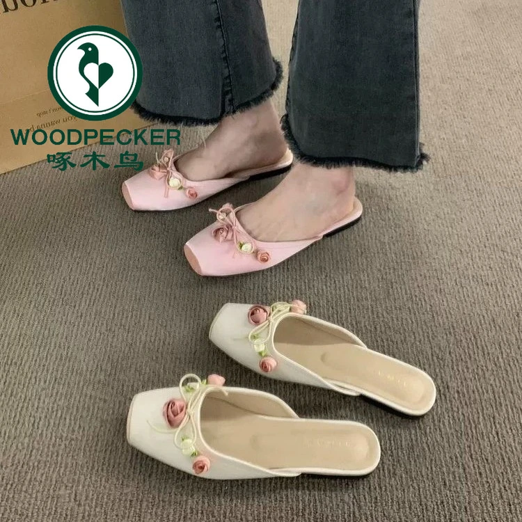 啄木鸟仙女精致平底单鞋2025春夏新款蝴蝶结小众气质高级感半拖凉