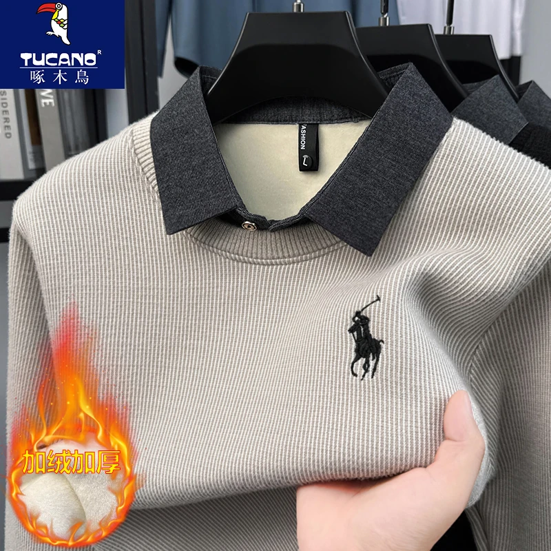 啄木鸟加绒加厚针织衫男士新款衬衫领假两件毛衣冬季保暖打底衫男