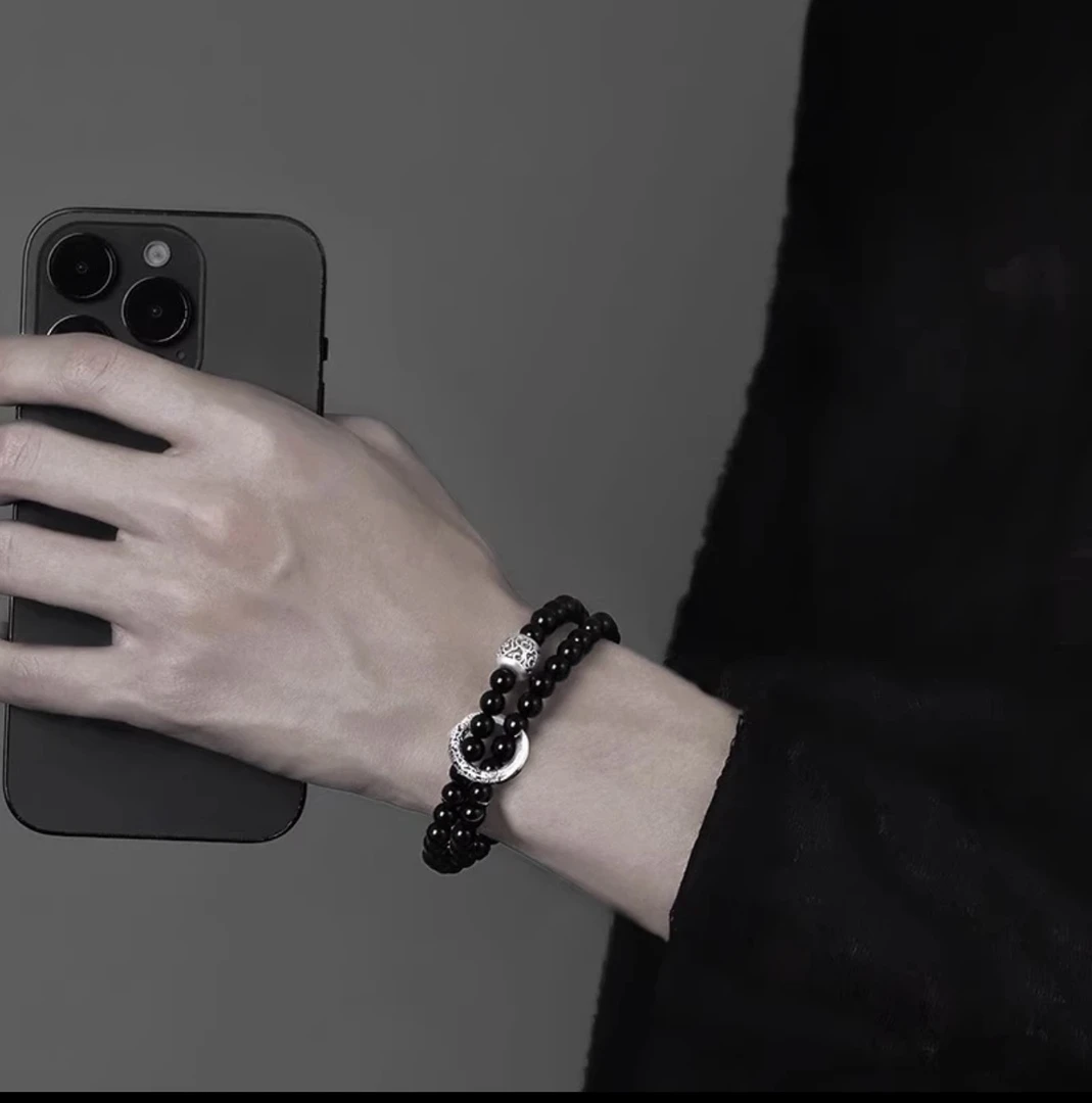 【送证书礼盒】天然黑曜石手串足银手链男女祥云安扣手串情侣手链