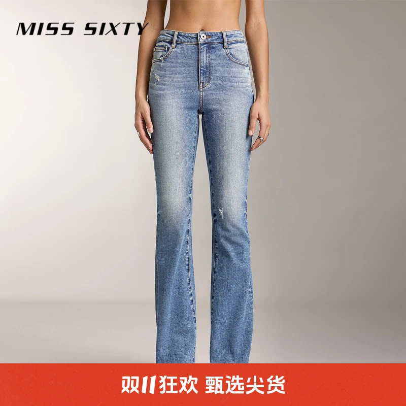 【达人专属】Miss Sixty秋季新款牛仔裤女复古显瘦微喇裤拖地裤长裤