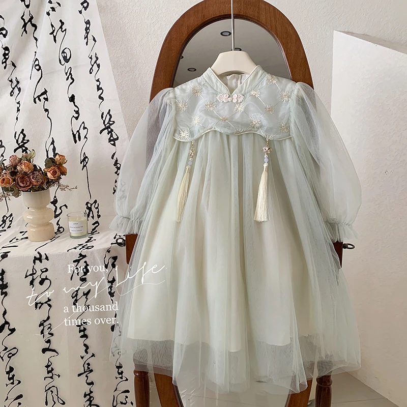 【本妈】2025春“皎皎月光”国风女童泡泡袖盘扣网纱裙1817302