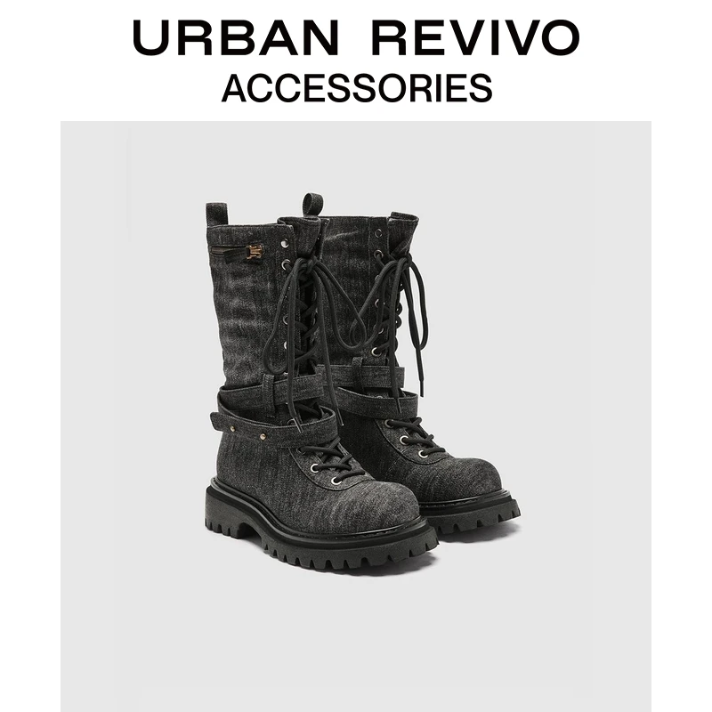 千禧派对URBAN REVIVO2025秋季新款女士复古绑带牛仔靴UAYS50105