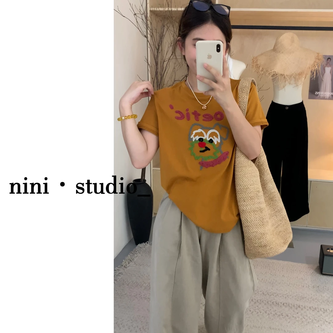 nini·红鼻子的雪纳瑞刺绣狗狗重工刺绣韩系ins风短袖T恤
