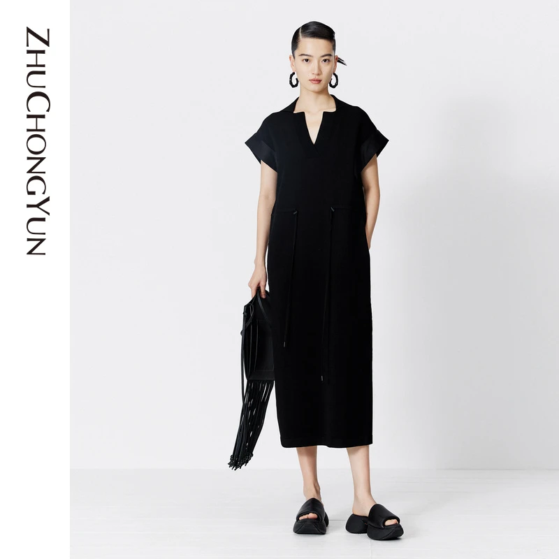 ZHUCHONGYUN夏黑色阔袖翻领V领设计收腰连衣裙C1EG2875M
