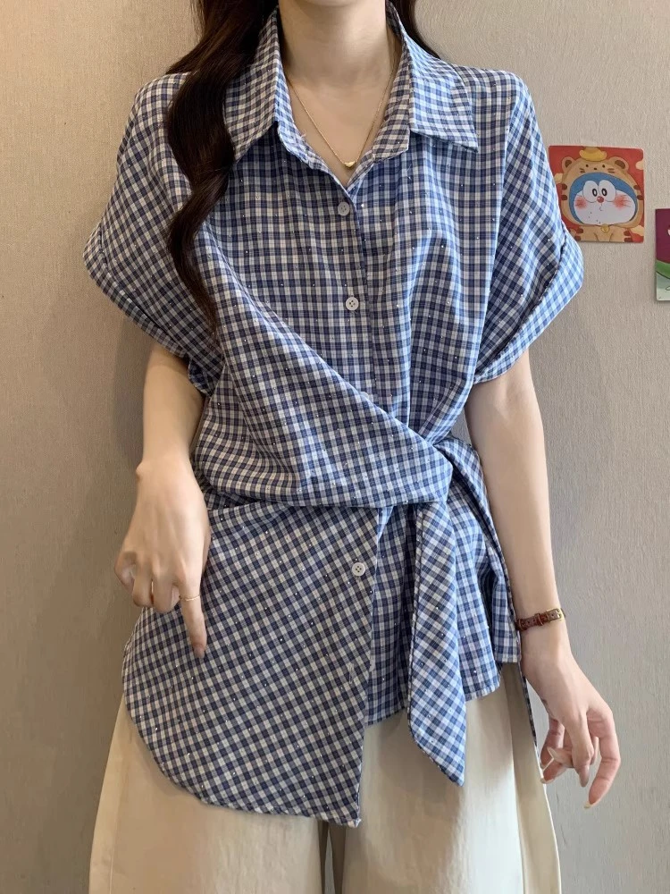 法式设计感绑带格子短袖衬衫女夏大码胖mm独特别致收腰中长款上衣