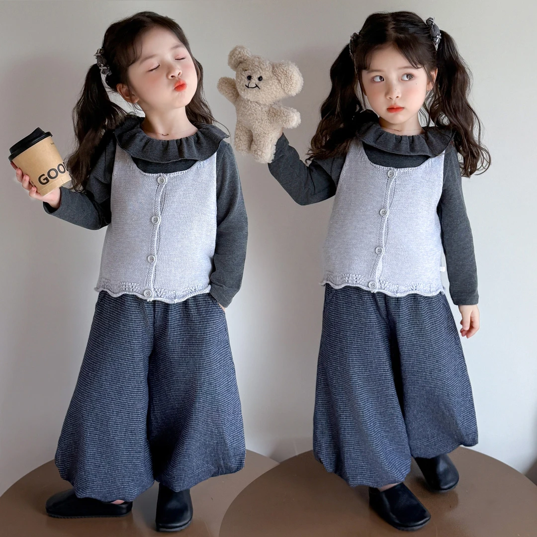 儿童森系套装春秋2025新款女童洋气打底衫马甲灯笼裤秋装三件套
