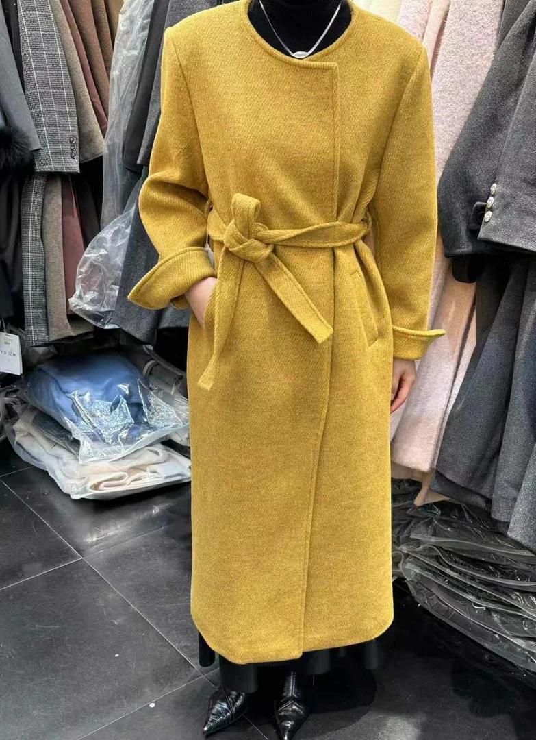 长款腰带毛呢外套气质网红百搭秋冬中长款时尚黄色大衣