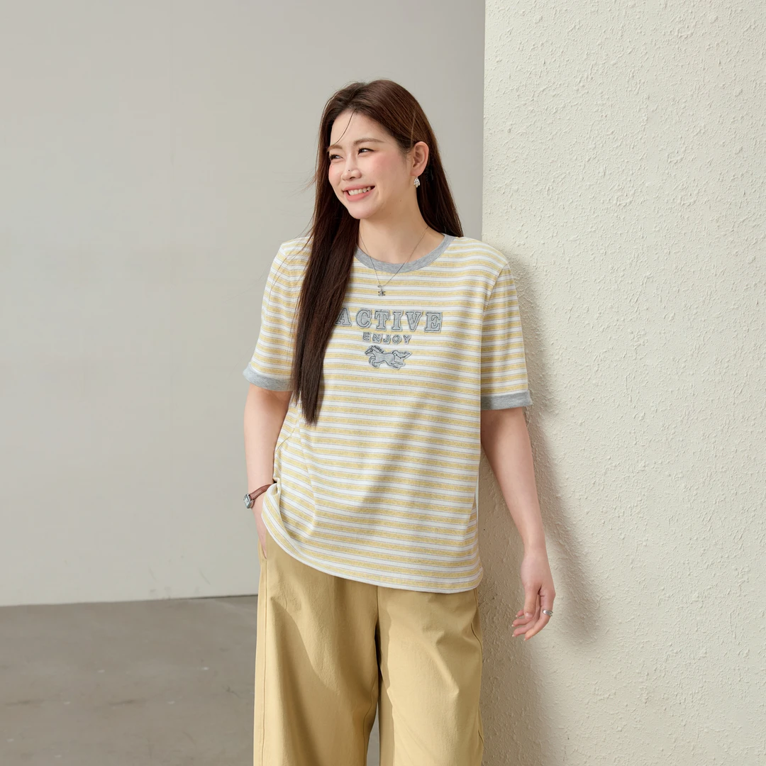 【时髦条纹T恤】纤莉秀E大码女装潮流休闲贴布绣百搭T恤QK1513