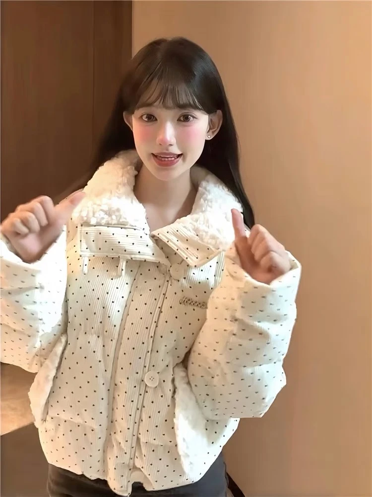 美式复古设计感小众波点棉服上衣女冬季甜美可爱保宽松显瘦外套潮