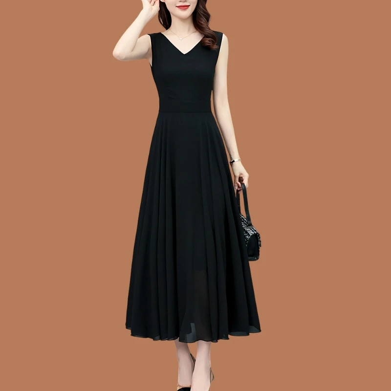 黑色真丝无袖背心连衣裙夏装爆款长款修身显瘦仙女沙滩大摆长裙子