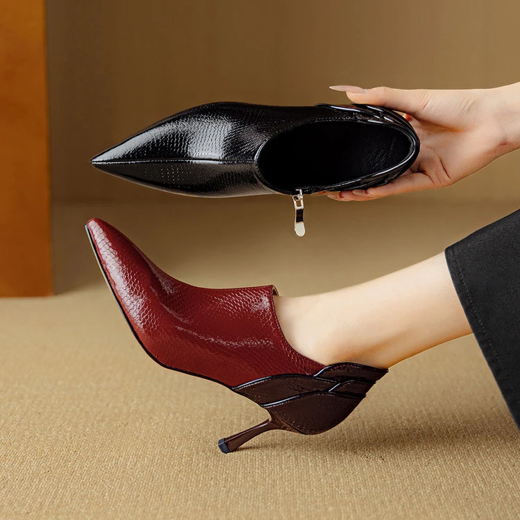 牛皮~7cm尖头深口单鞋女春秋拼色高跟细跟时尚气质压花真皮及踝靴