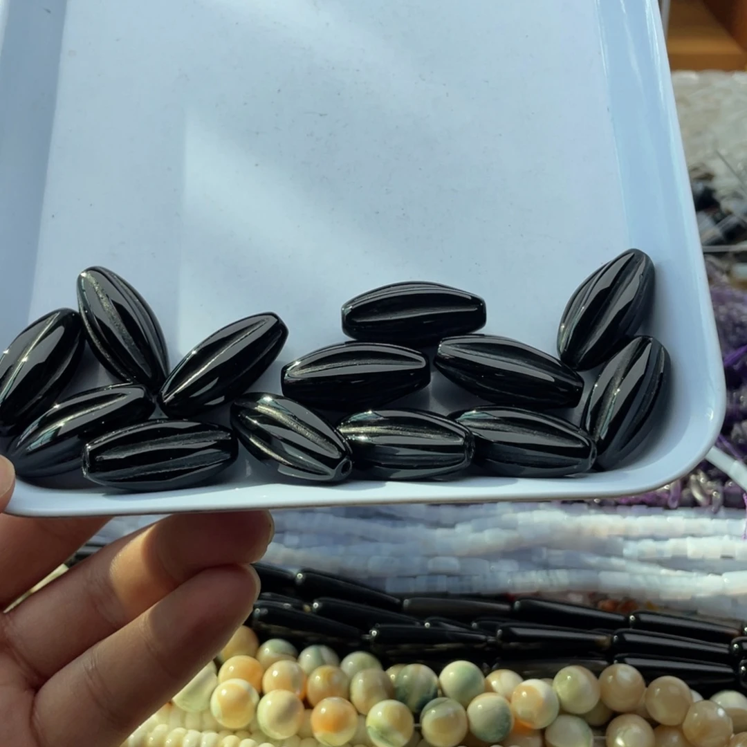 玛瑙/玉髓合金珠宝半成品三个装黑玛瑙长南瓜珠12*28mm